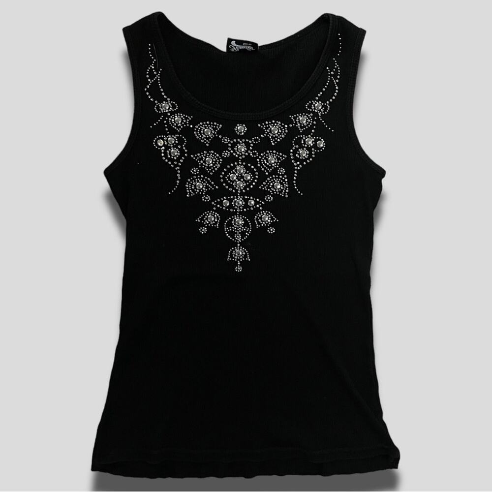 POPULAR SPORTS Y2K VINTAGE BADASS STUDDED HARDWEAR RIBBED TANK TOP BLACK SMALL